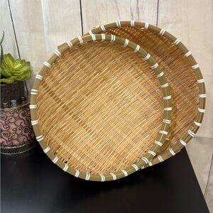2 Round Woven Bamboo Trays with Green Accents